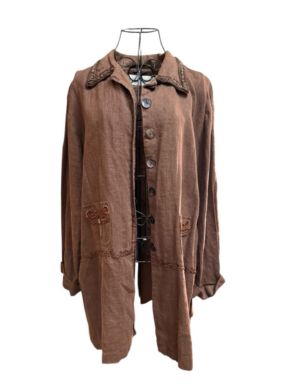 Taylor G Brown Linen Blend Jacket Embroidered Boho Lagenlook Button Front XL